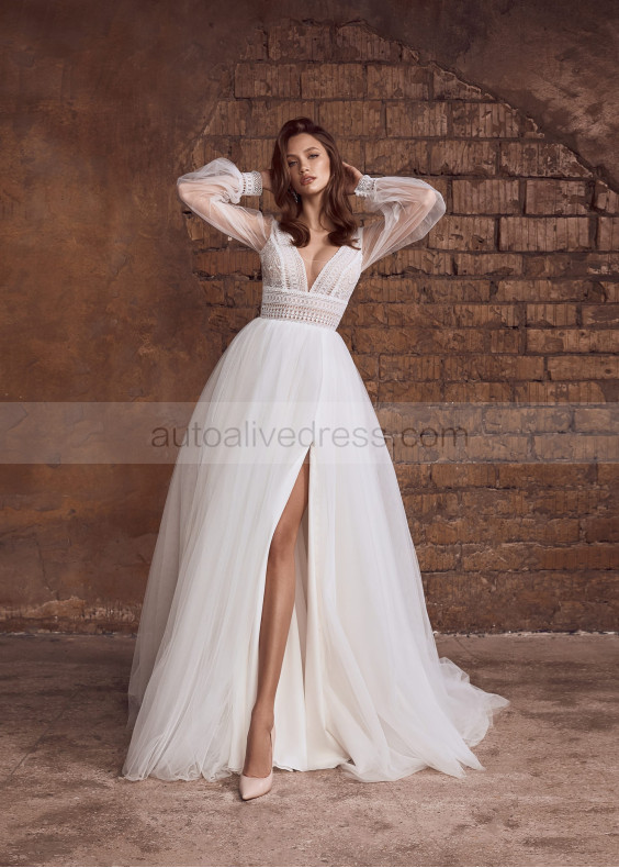 Long Sleeves Ivory Lace Tulle Slit Boho Wedding Dress